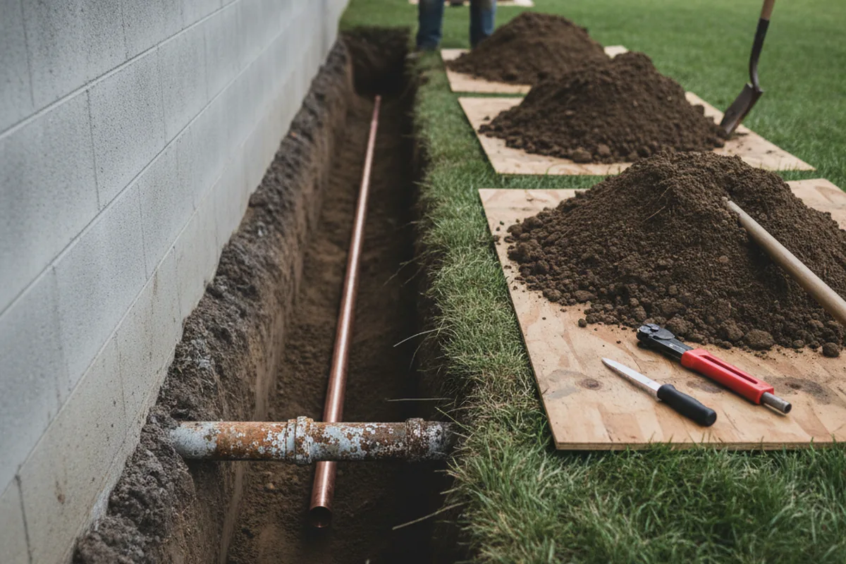 Excavated water line trench during Sewer Line Repair in Middlebury